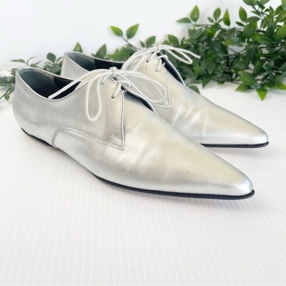 Jil Sanders silver leather lace up pointy toe flats 6 - Picture 1 of 9